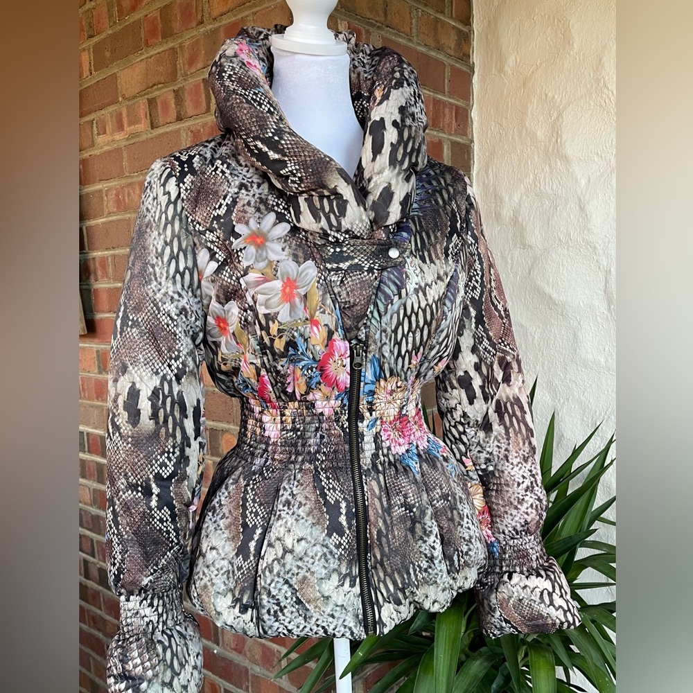 Boston Proper Snake Print Floral Puffer Jacket